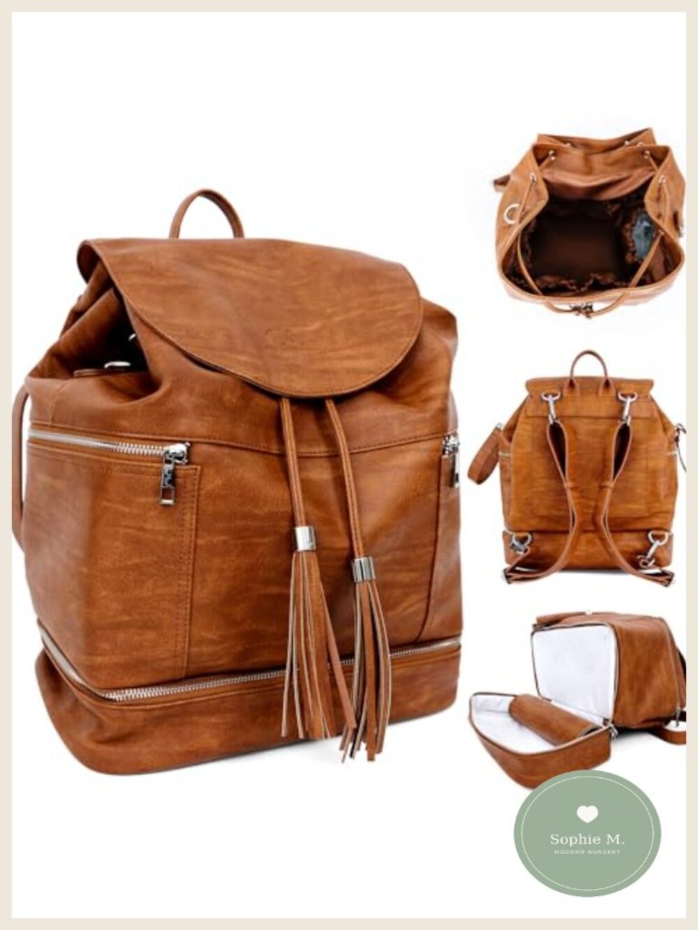 Vegan Leather Backpack Diaper Bag with Insulated Pockets, Stroller Straps